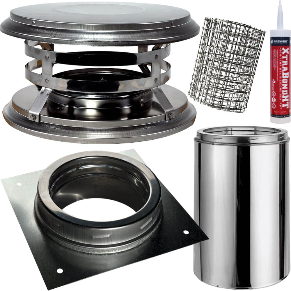 BrickWood Exhaust Kit with 12 inch double-wall stainless steel chimney pipe, anchor plate, chimney cap and spark arrestor