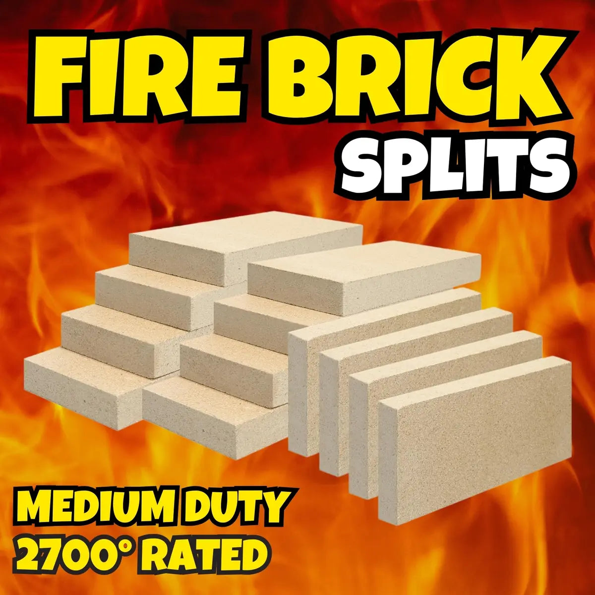 Fire brick splits, 9 x 4.5 x 1.25 inches, medium duty, rated to 2,700°F