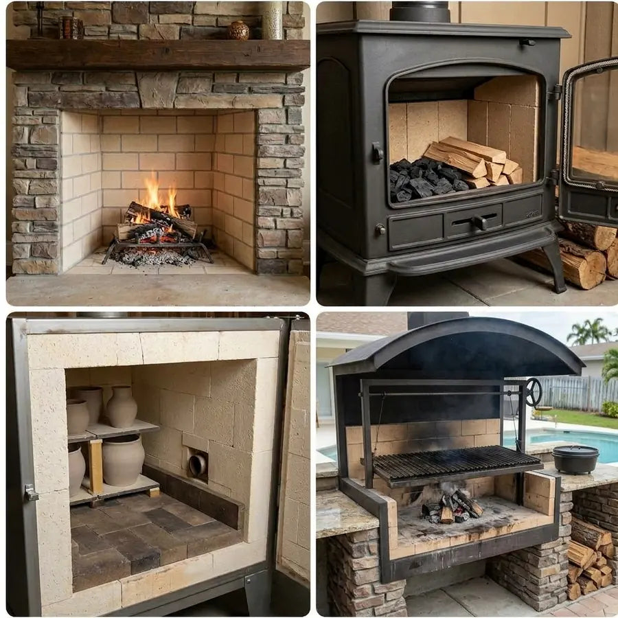 Four uses for fire brick: an indoor fireplace firebox, a wood stove lined with fire brick, a pottery kiln, and an outdoor barbecue grill firebox
