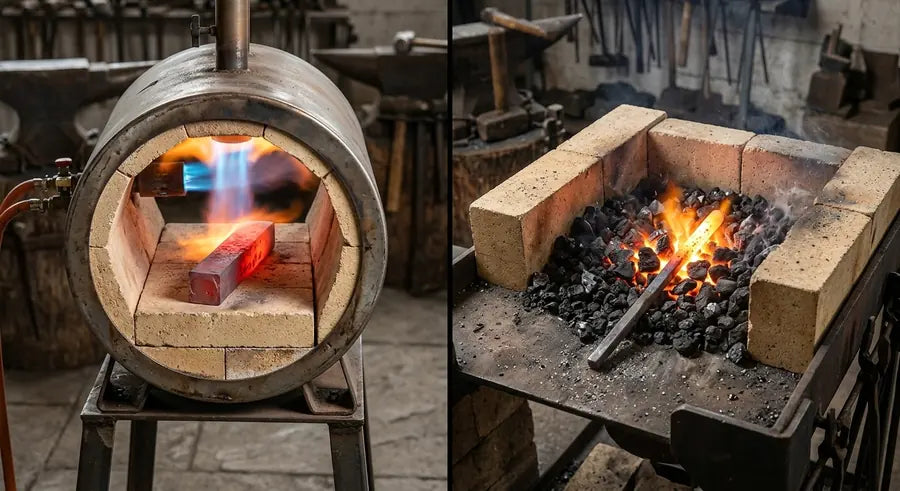 Two DIY forges lined with fire brick: a propane forge with a fire brick floor and a coal forge with fire brick around the fire