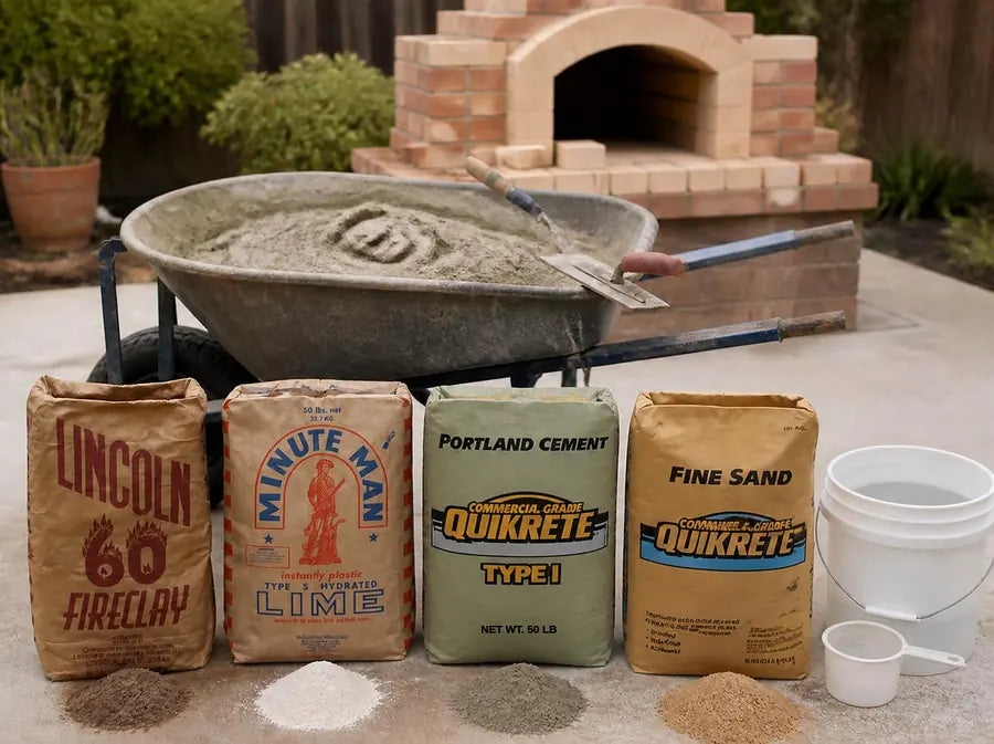 Ingredients for homemade high-heat mortar: bags of fire clay, Type S hydrated lime, Portland cement and fine sand beside a wheelbarrow of mixed mortar