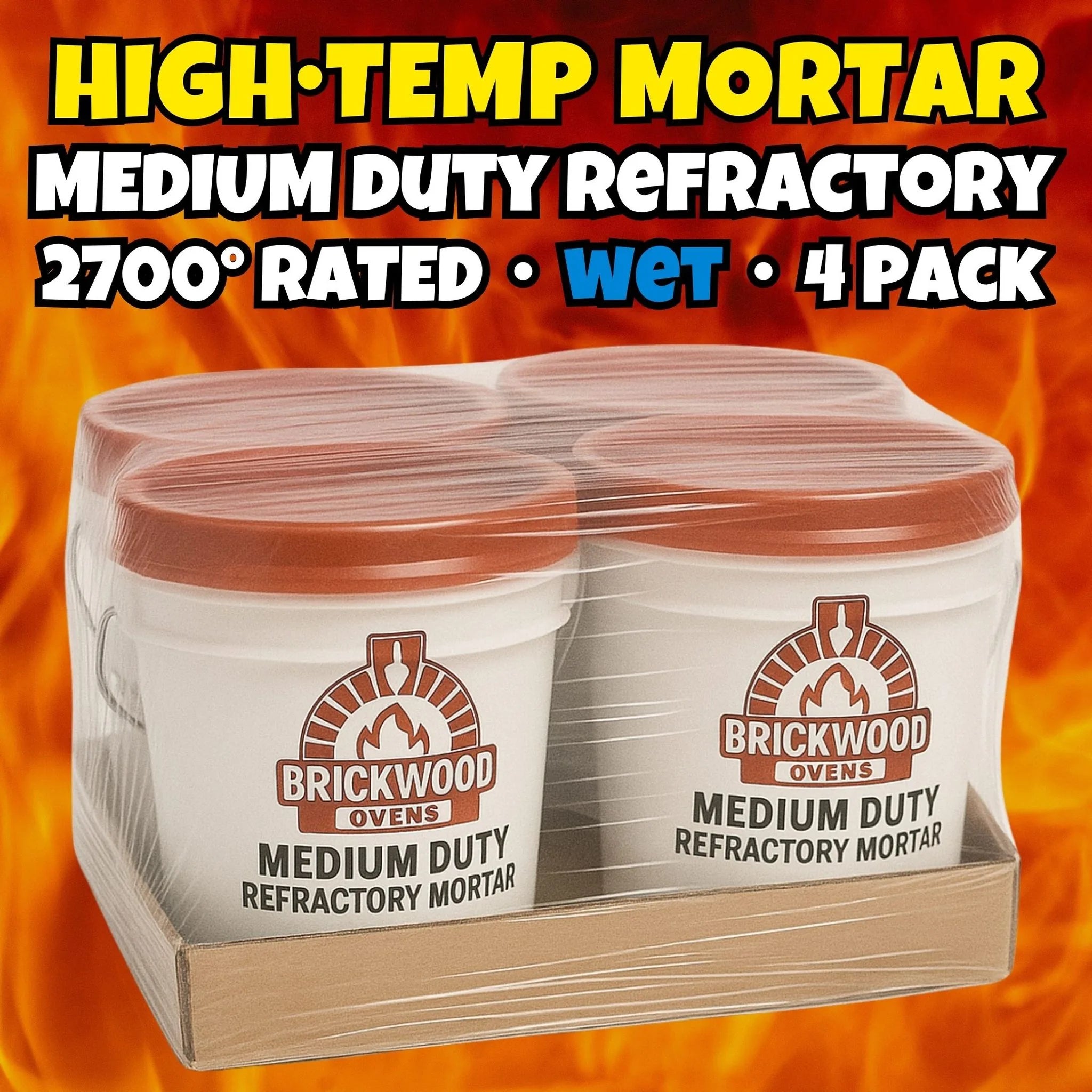 4-pack of BrickWood medium duty air-set refractory mortar, 15 lb pails, premixed, rated to 2700°F