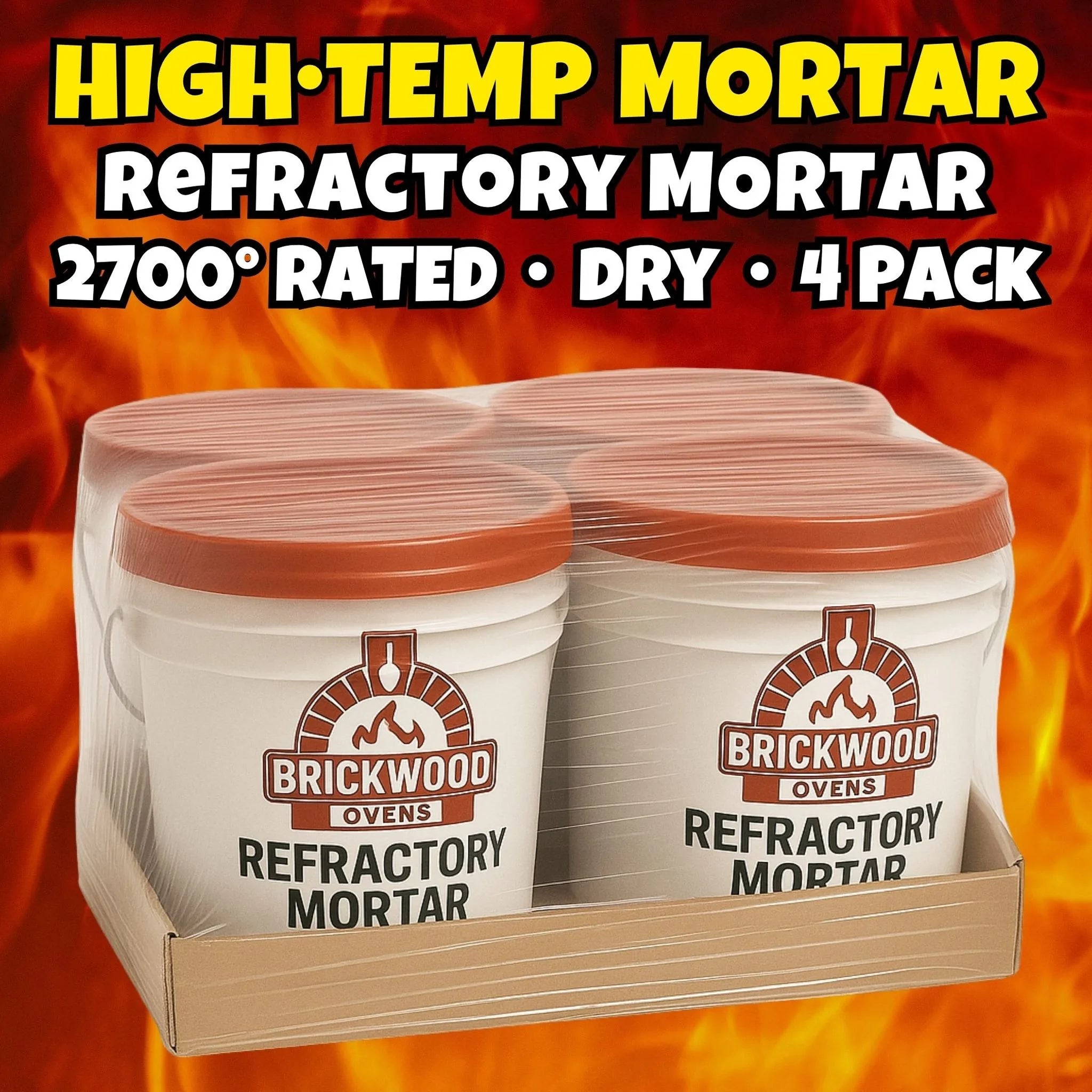 4-pack of BrickWood dry refractory mortar in 10 lb pails, rated to 2700°F