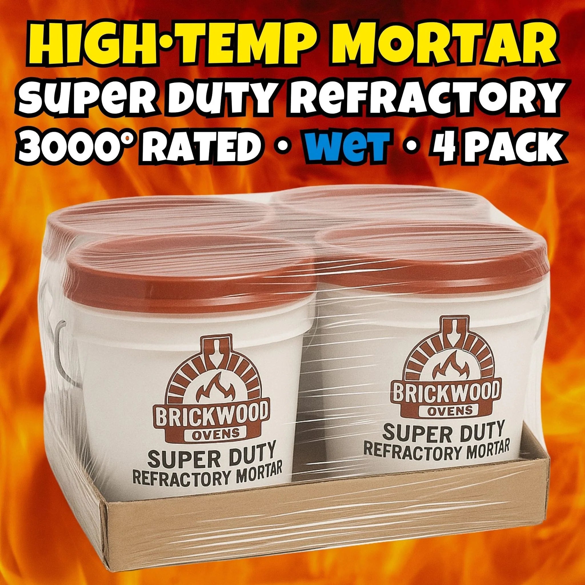 4-pack of BrickWood super duty air-set refractory mortar, 15 lb pails, rated to 3000°F