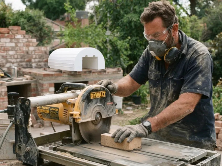 Builder in safety glasses and a respirator cutting a full-size fire brick on a wet tile saw with a diamond blade