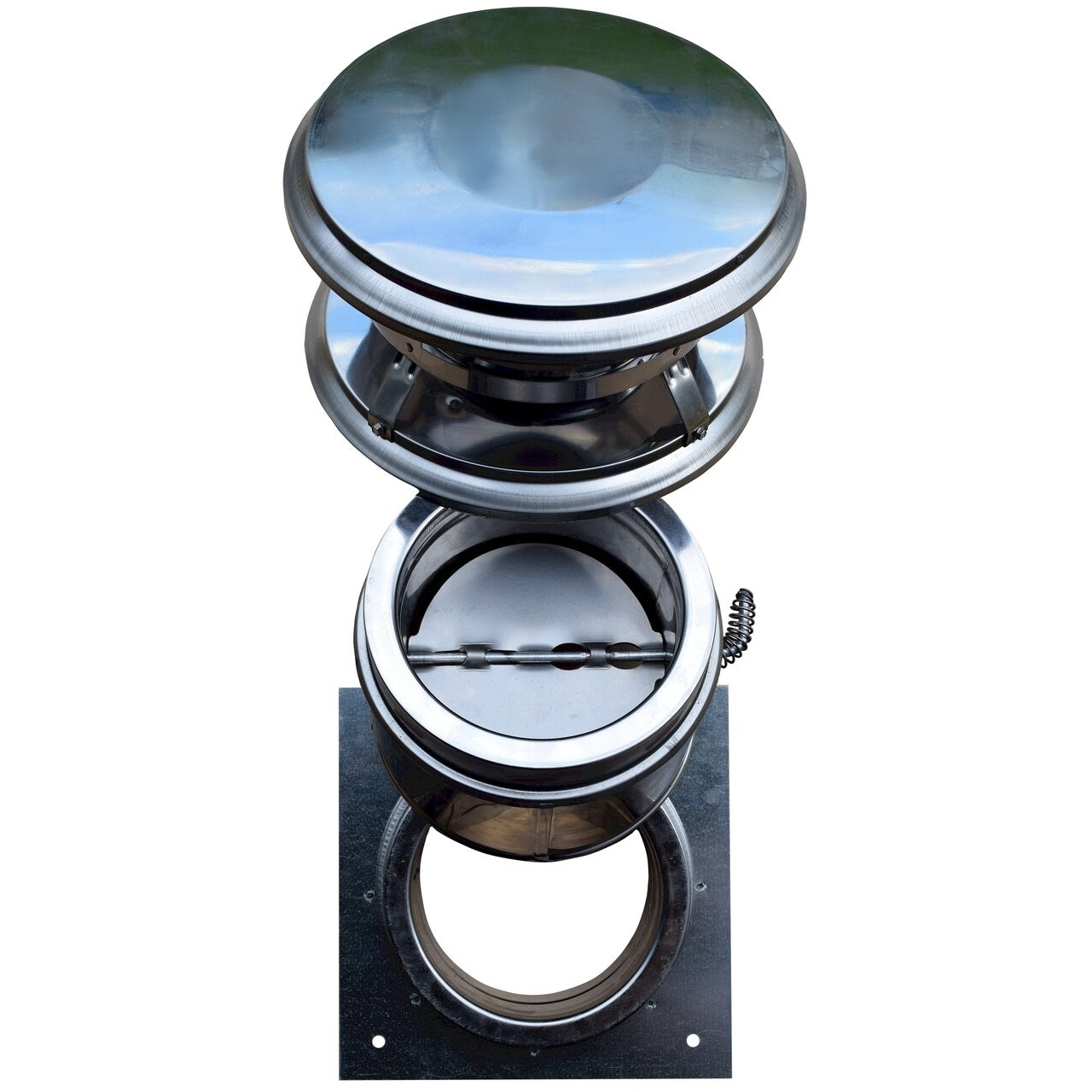 Chimney damper fits between the 6" anchor plate and chimney cap (not included)